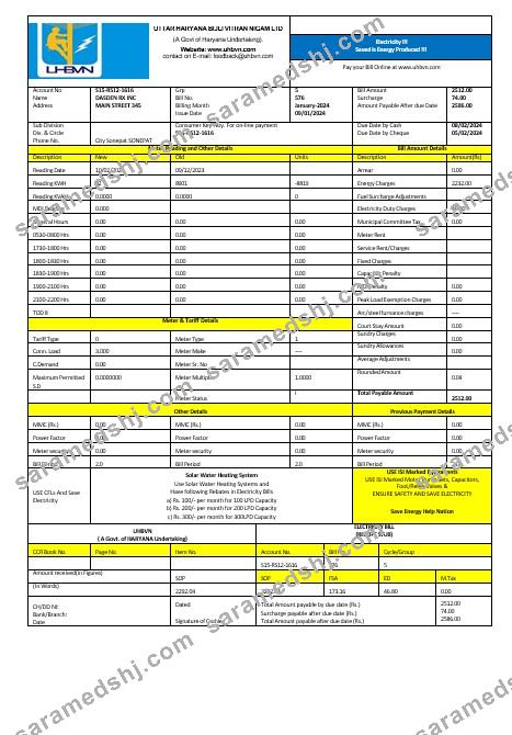 India Uttarakhand power corporation electricity business utility bill Word and PDF formats